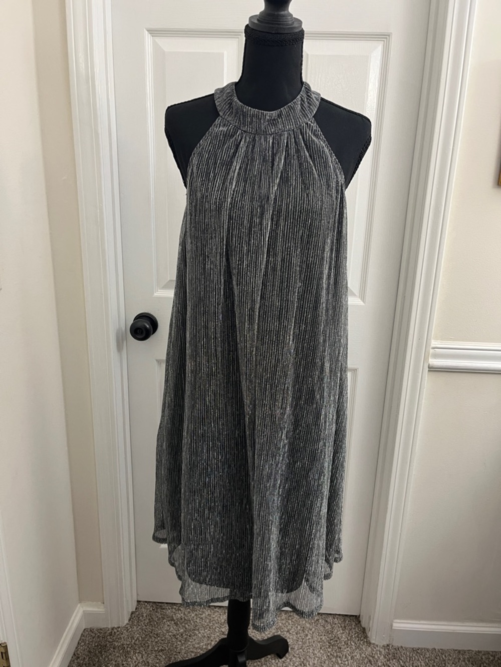 Nine West Silver-Black Pleated Halter Midi Dress